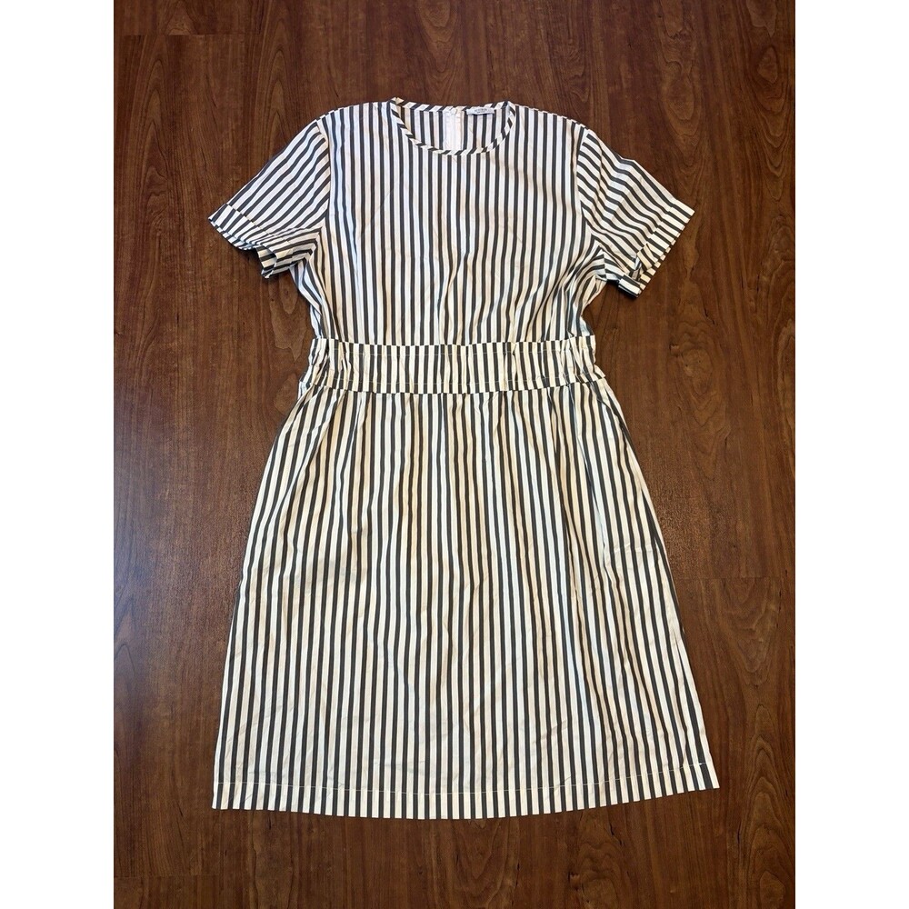 Peserico Italy Striped Paper Bag Waist Cotton Dress Gray & White Size 46 XL